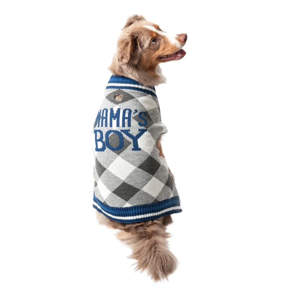 Vibrant Life Mama's Boy Argyle Dog Pet Sweater - Gray and Blue
